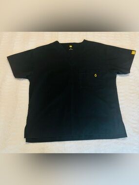 Black V-Neck Short Sleeve Scrub Top with Yellow Accent